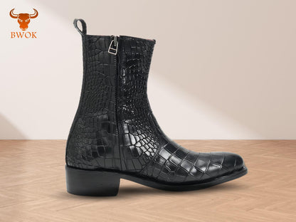 Crocodile Embossed Leather Ankle Boots: Western Style, Handmade