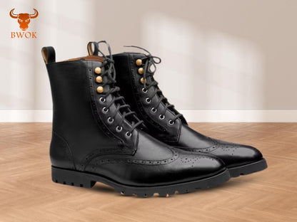 Handmade Leather Wingtip Boots: Black Oxford Brogue Ankle Shoes