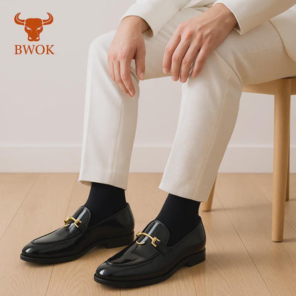 Handmade Black Patent Leather Buckled Loafers: Sleek Men's Dress Shoes