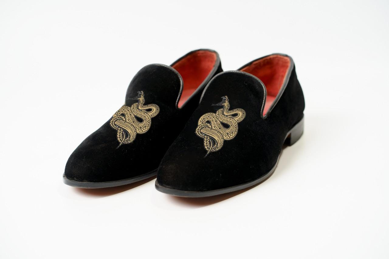 Black Velvet Loafers: Gold Snake Embroidery, Handmade Dress Shoes