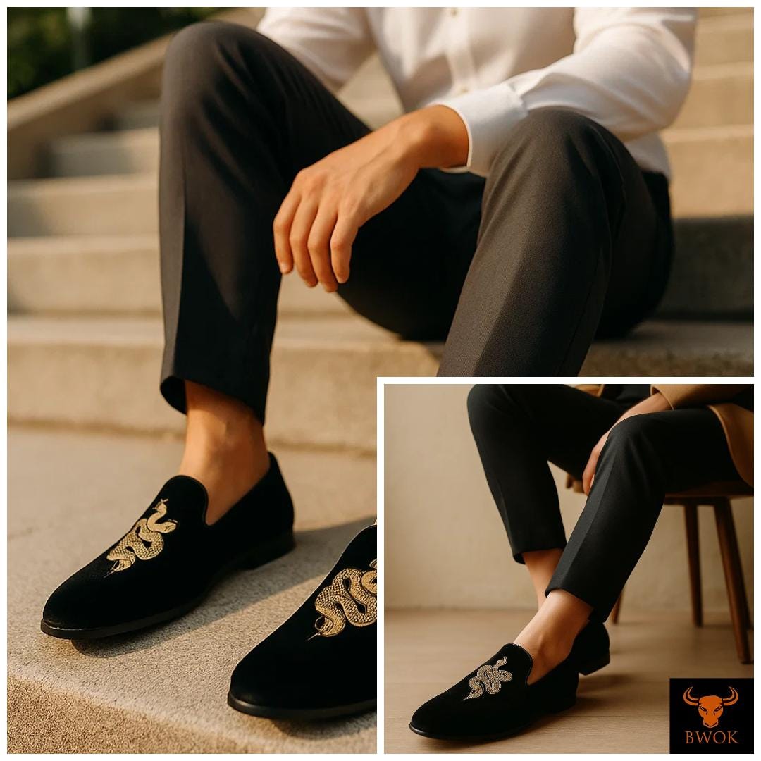 Black Velvet Loafers: Gold Snake Embroidery, Handmade Dress Shoes