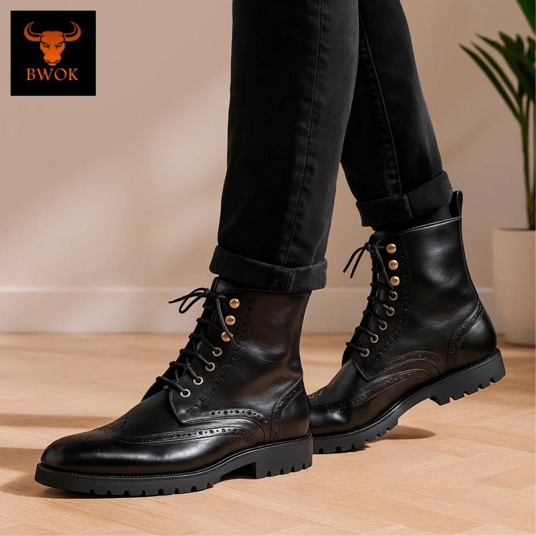 Handmade Leather Wingtip Boots: Black Oxford Brogue Ankle Shoes