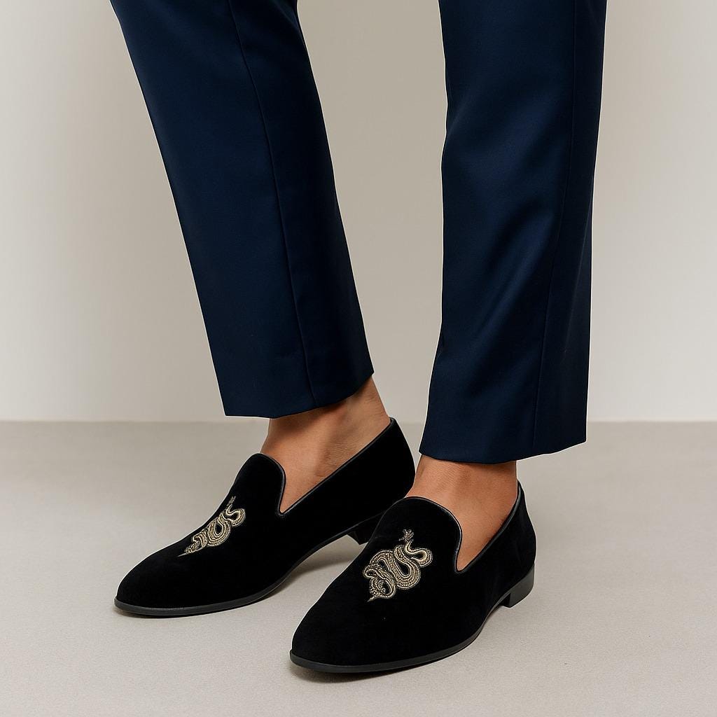 Black Velvet Loafers: Gold Snake Embroidery, Handmade Dress Shoes