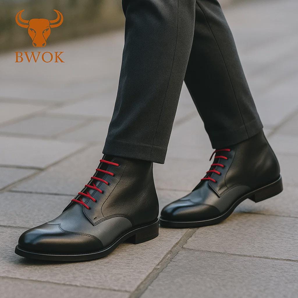 Handcrafted Leather Brogue Boots: Black Lace-Up Biker Style