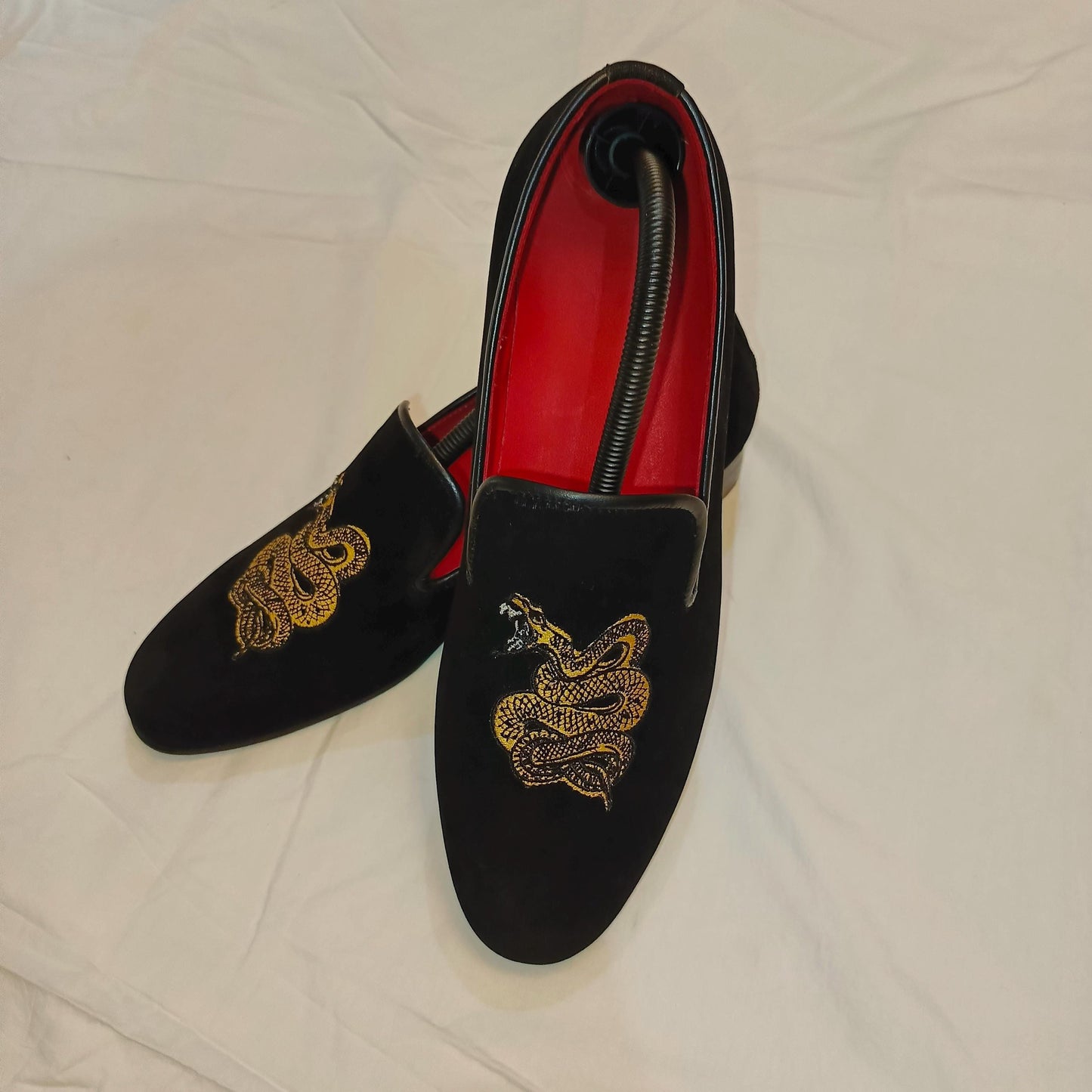 Black Velvet Loafers: Gold Snake Embroidery, Handmade Dress Shoes