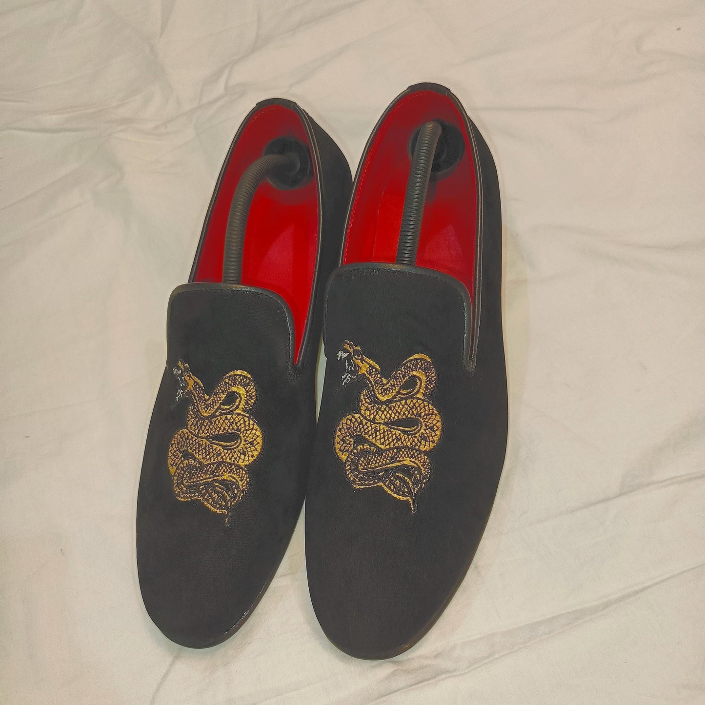 Black Velvet Loafers: Gold Snake Embroidery, Handmade Dress Shoes