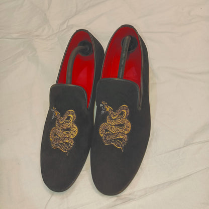 Black Velvet Loafers: Gold Snake Embroidery, Handmade Dress Shoes