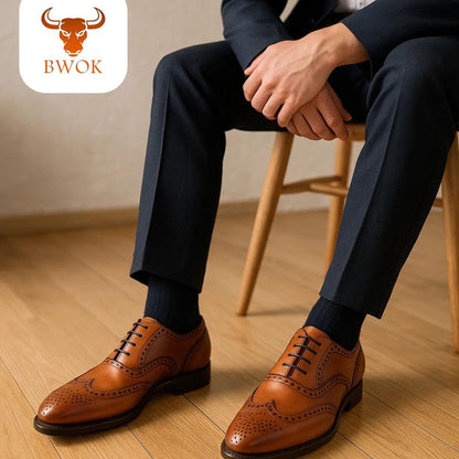 Handmade Wingtip Oxford Leather Shoes: Customizable Brown Dress Shoes