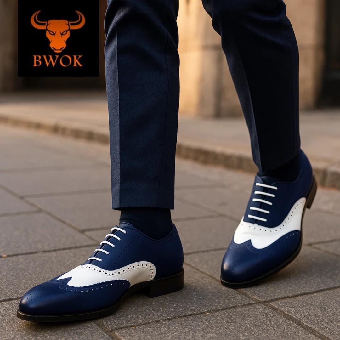 Handmade Two-Tone Suede Oxford Shoes: Blue & White Brogue Wingtip