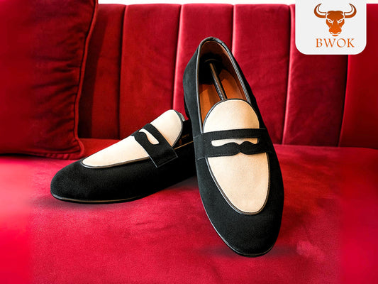 Handmade Suede Loafers: Two-Tone Leather Formal Shoes