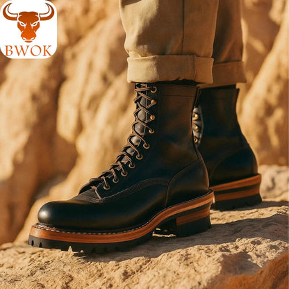 Handgemachte schwarze Smoke Jumper Lederstiefel: Robuste Motorradstiefel