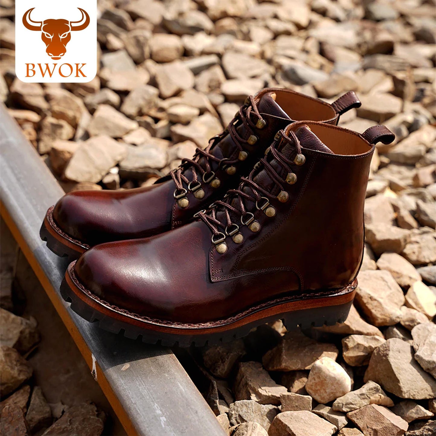 Handmade Leather Derby Boots: Rugged Brass Lace-Up Ankle Boots