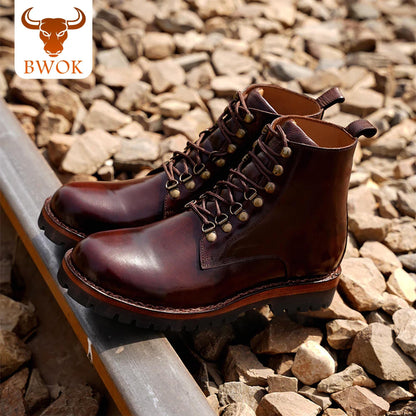 Handmade Leather Derby Boots: Rugged Brass Lace-Up Ankle Boots