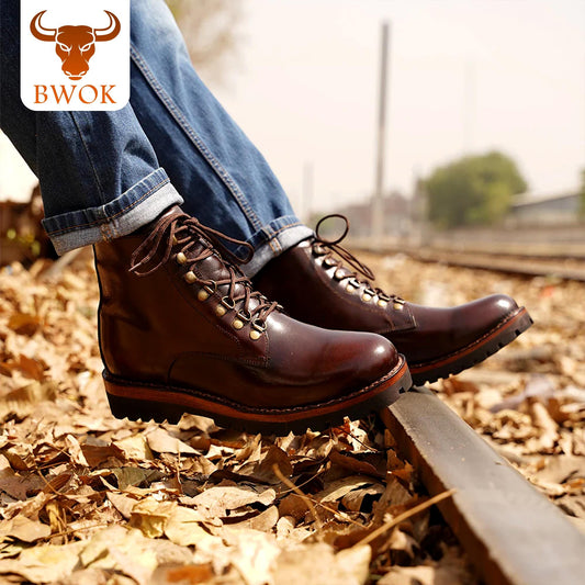 Handmade Leather Derby Boots: Rugged Brass Lace-Up Ankle Boots