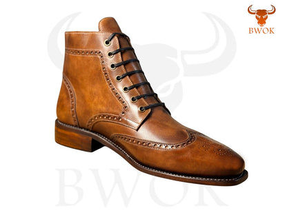 Handgefertigte Leder-Wingtip-Brogue-Stiefeletten: Schnürstiefeletten für Herren
