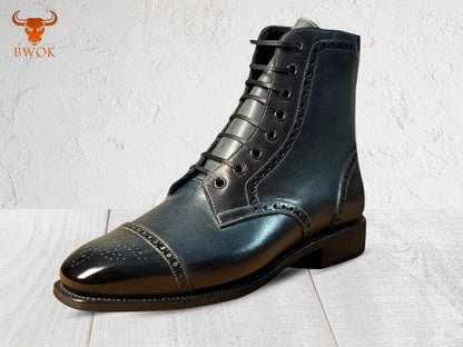Botas de cuero con puntera y pátina hechas a mano: Zapatos de vestir con cordones personalizados
