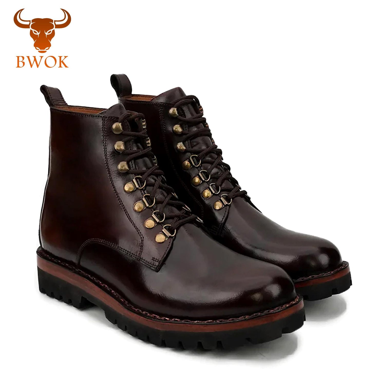 Handmade Leather Derby Boots: Rugged Brass Lace-Up Ankle Boots