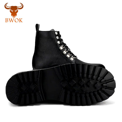 Handmade Black Leather Derby Boots: Rugged Ankle Boots with Silver Hooks