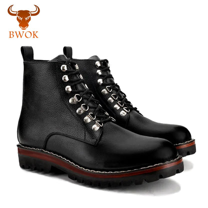 Handmade Black Leather Derby Boots: Rugged Ankle Boots with Silver Hooks