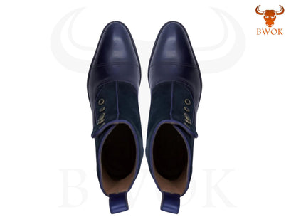 Chelsea Boots aus marineblauem Veloursleder & Leder: zum Knöpfen, anpassbar