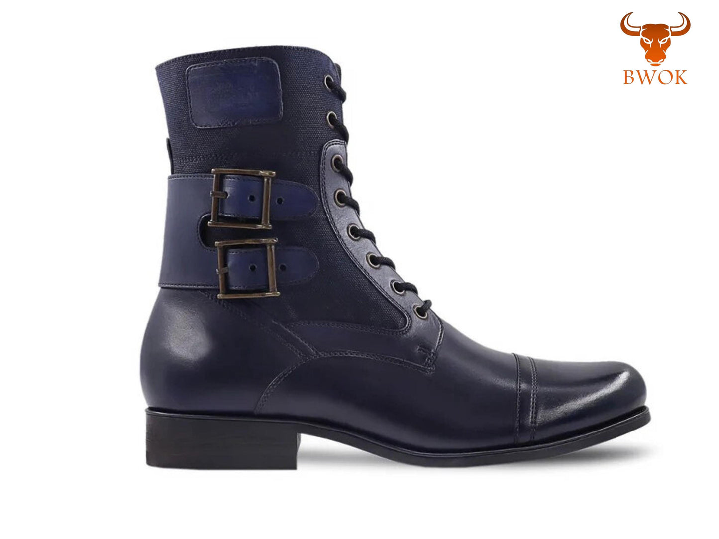 Handgemachte Militärstiefel aus marineblauem Leder und Canvas: Kampfstiefel mit Doppelschnalle