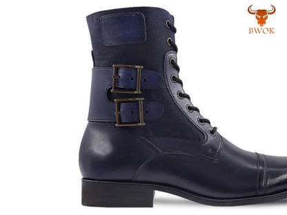 Handgemachte Militärstiefel aus marineblauem Leder und Canvas: Kampfstiefel mit Doppelschnalle