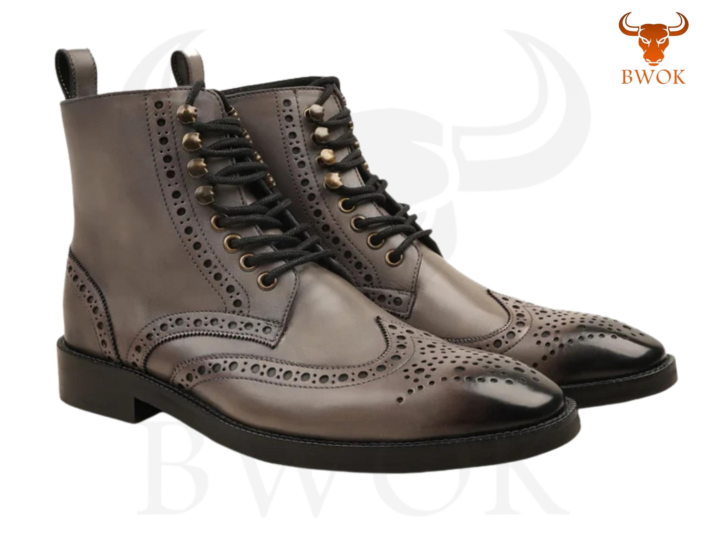 Handgefertigte graue Leder-Wingtip-Stiefeletten: Brogue Ankle Boots