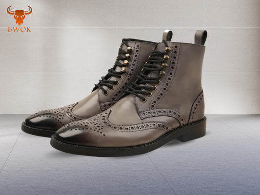 Handmade Grey Leather Wingtip Boots: Brogue Ankle Boots
