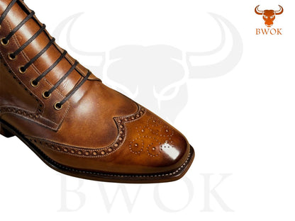 Handgefertigte Leder-Wingtip-Brogue-Stiefeletten: Schnürstiefeletten für Herren