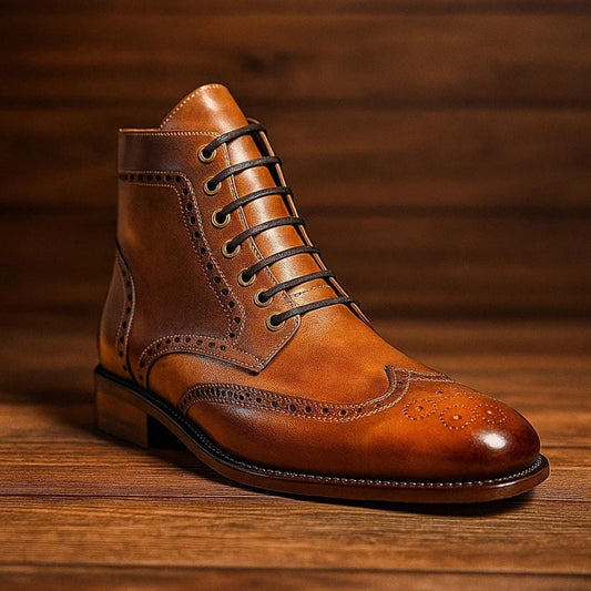 Handmade Leather Wingtip Brogue Boots: Men's Lace-Up Ankle Boots