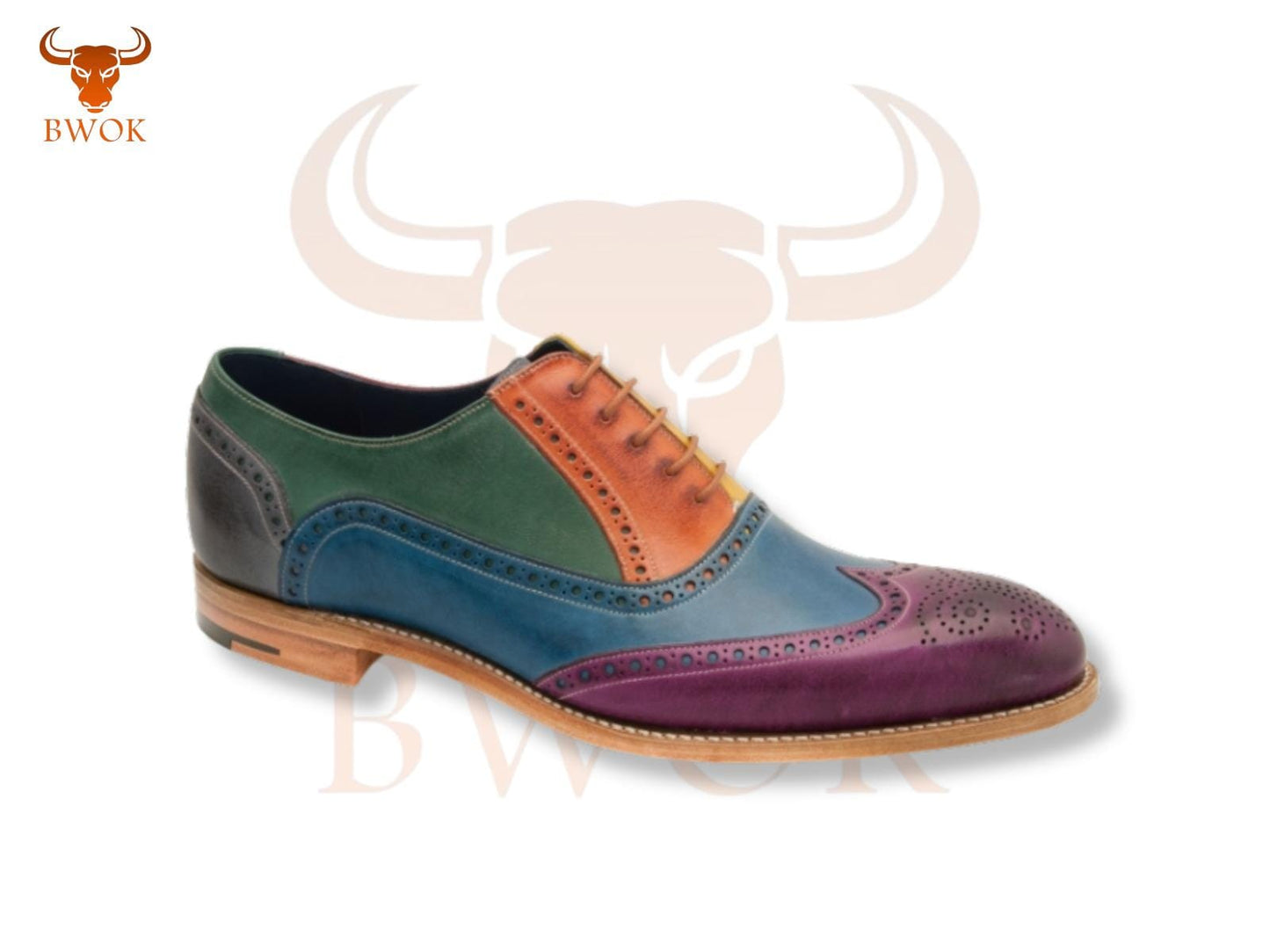 Handmade Multi-Color Leather Brogue Shoes: Wingtip Oxford Dress Shoes