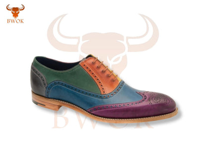Handmade Multi-Color Leather Brogue Shoes: Wingtip Oxford Dress Shoes