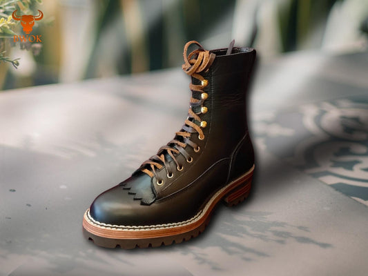 Handmade Black Leather Smoke Jumper Boots: Rugged Motorcycle Rider Boots