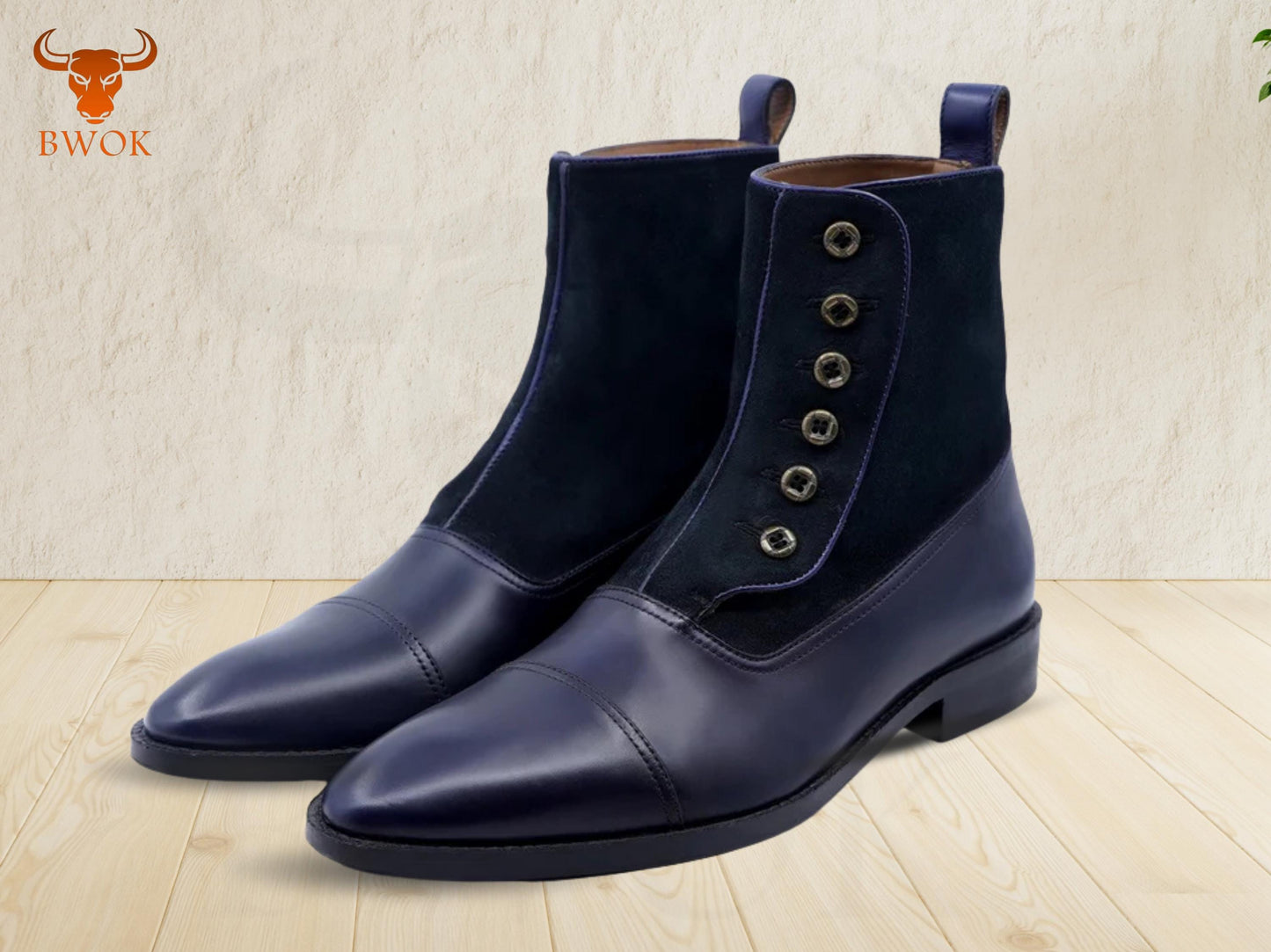 Chelsea Boots aus marineblauem Veloursleder & Leder: zum Knöpfen, anpassbar