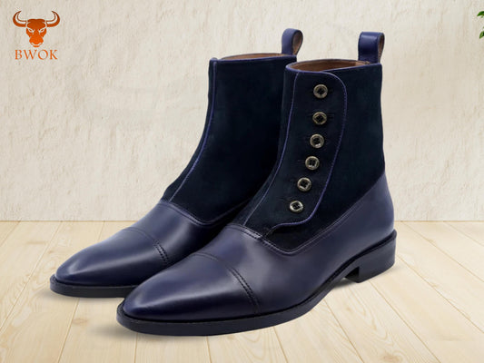 Navy Suede & Leather Chelsea Boots: Button-Up, Customizable