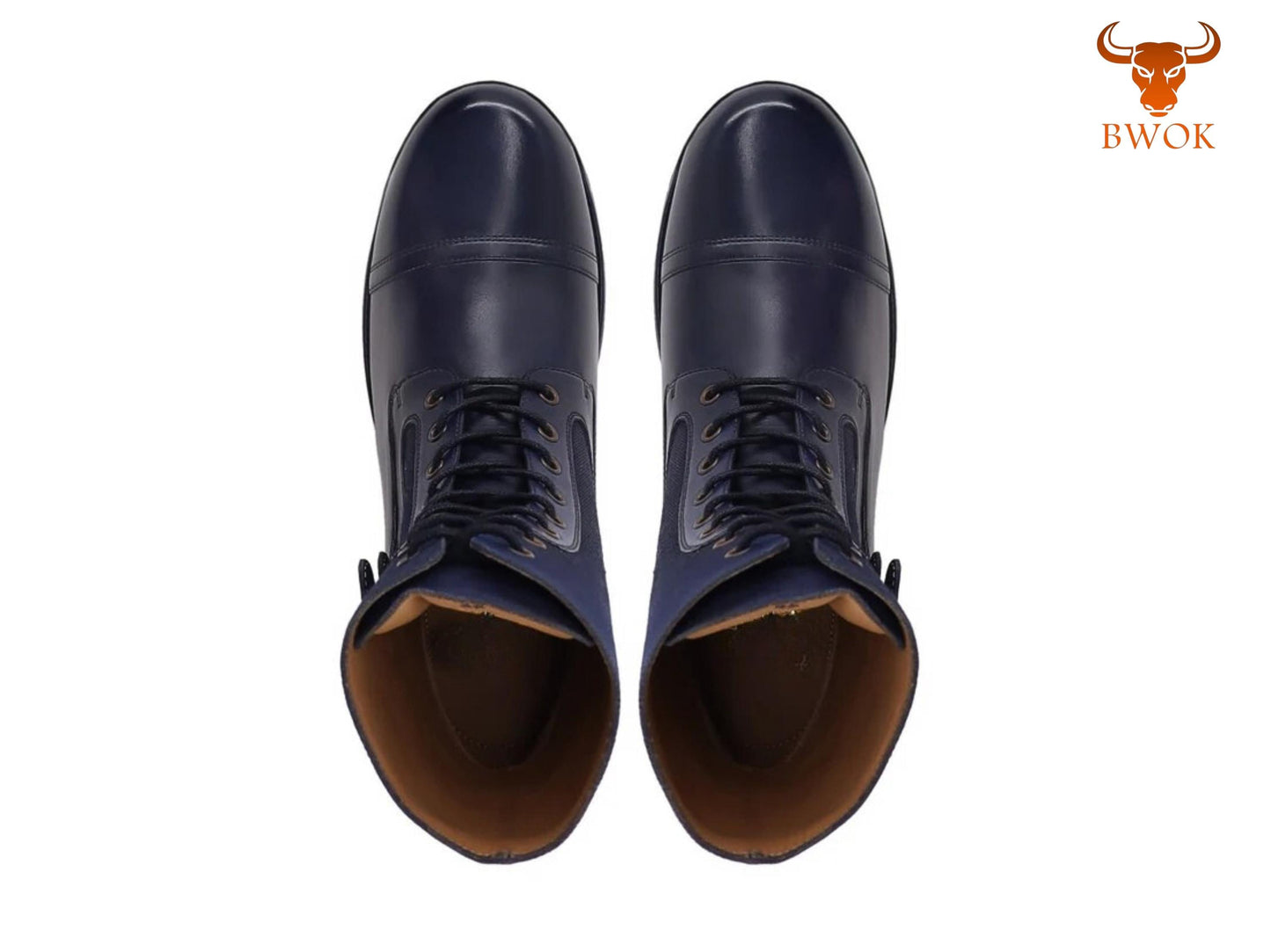 Handgemachte Militärstiefel aus marineblauem Leder und Canvas: Kampfstiefel mit Doppelschnalle