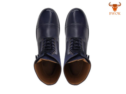Handgemachte Militärstiefel aus marineblauem Leder und Canvas: Kampfstiefel mit Doppelschnalle