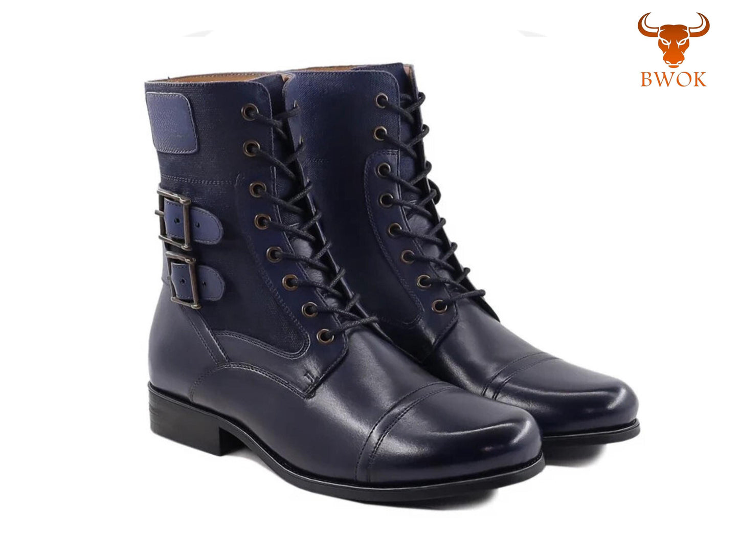 Handgemachte Militärstiefel aus marineblauem Leder und Canvas: Kampfstiefel mit Doppelschnalle