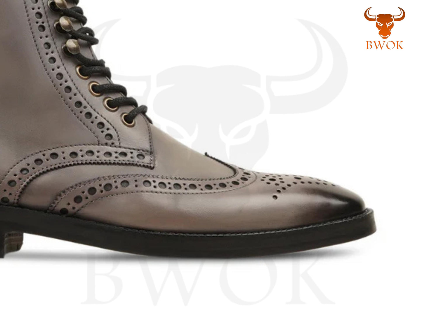 Handgefertigte graue Leder-Wingtip-Stiefeletten: Brogue Ankle Boots