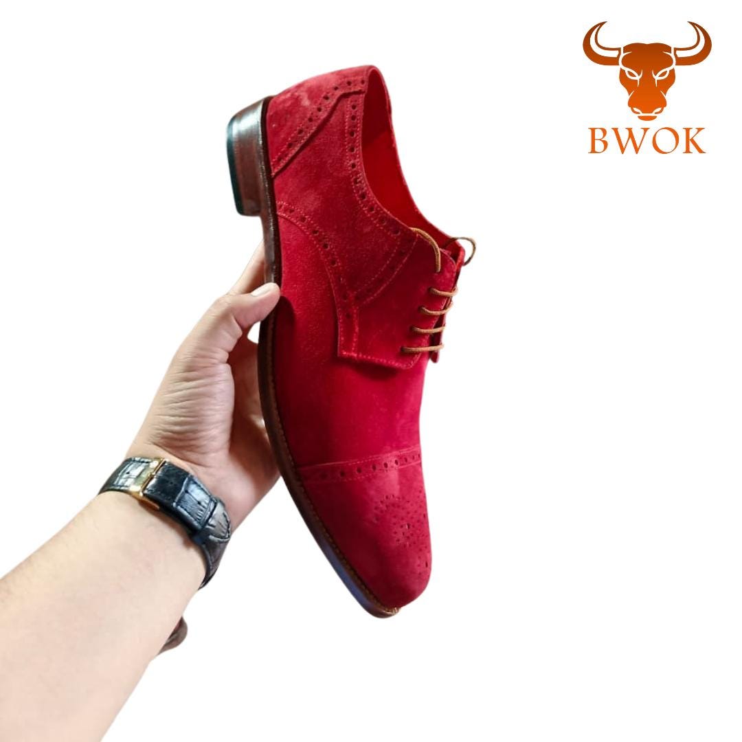 Handmade Red Suede Brogue Shoes: Leather Oxford Derby