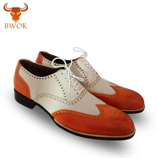 Handmade Leather Two-Tone Oxford Brogue Shoes – Classic Tan & White