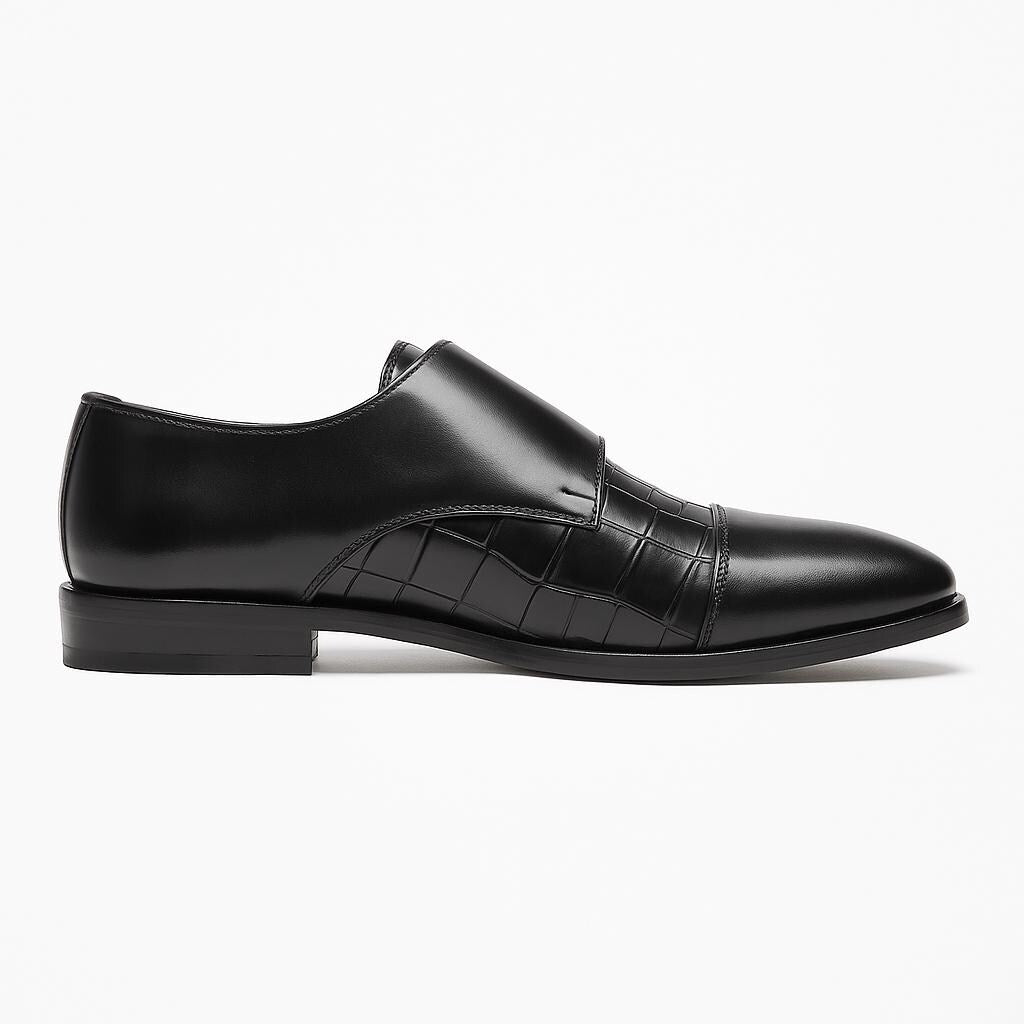 Handmade Black Double Monk Strap Croc-Embossed Shoe