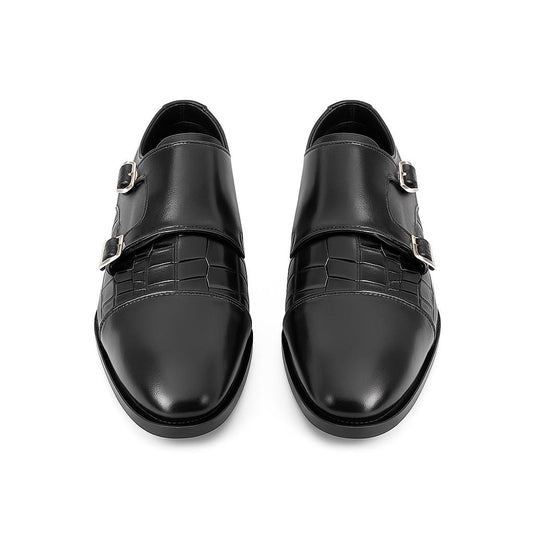 Handmade Black Double Monk Strap Croc-Embossed Shoe