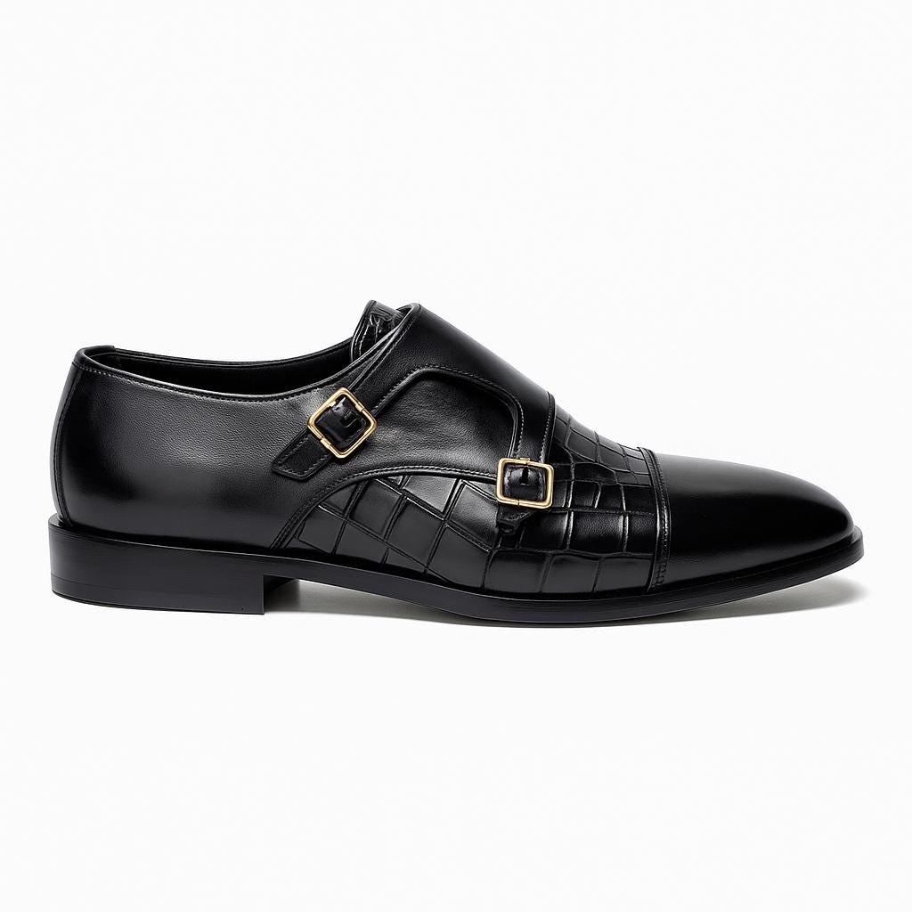Handmade Black Double Monk Strap Croc-Embossed Shoe