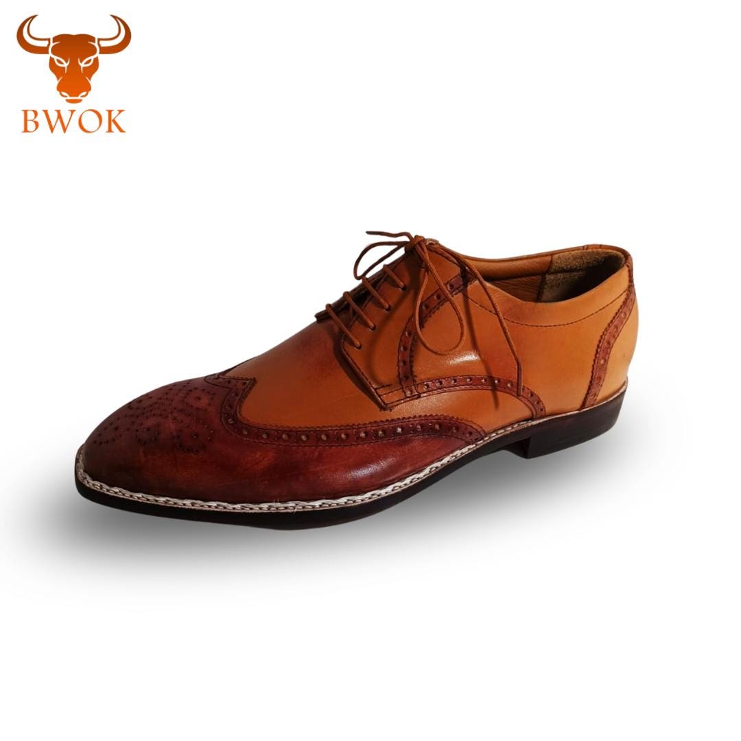 Handmade Leather Oxford Brogue Shoes – Classic Tan & Burgundy Two-Tone Design