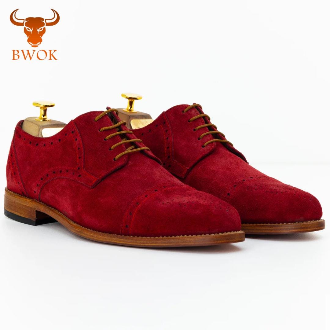 Handmade Red Suede Brogue Shoes: Leather Oxford Derby