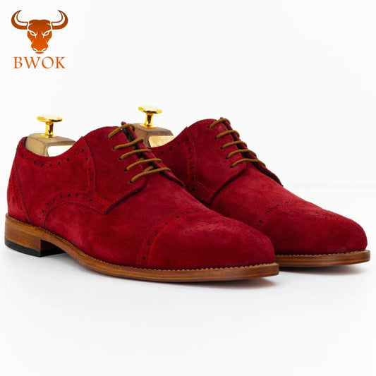 Handmade Red Suede Brogue Shoes: Leather Oxford Derby