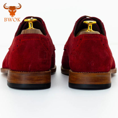 Handmade Red Suede Brogue Shoes: Leather Oxford Derby