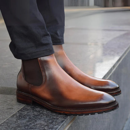 Brown Leather Chelsea Boots with Elastic Side Panels – Handcrafted Dress Boots