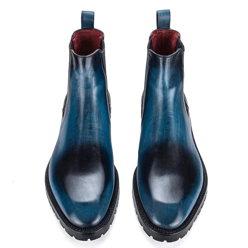 Hand-Patina Blue Leather Chelsea Boots with Rugged Sole – Premium Ankle Boots